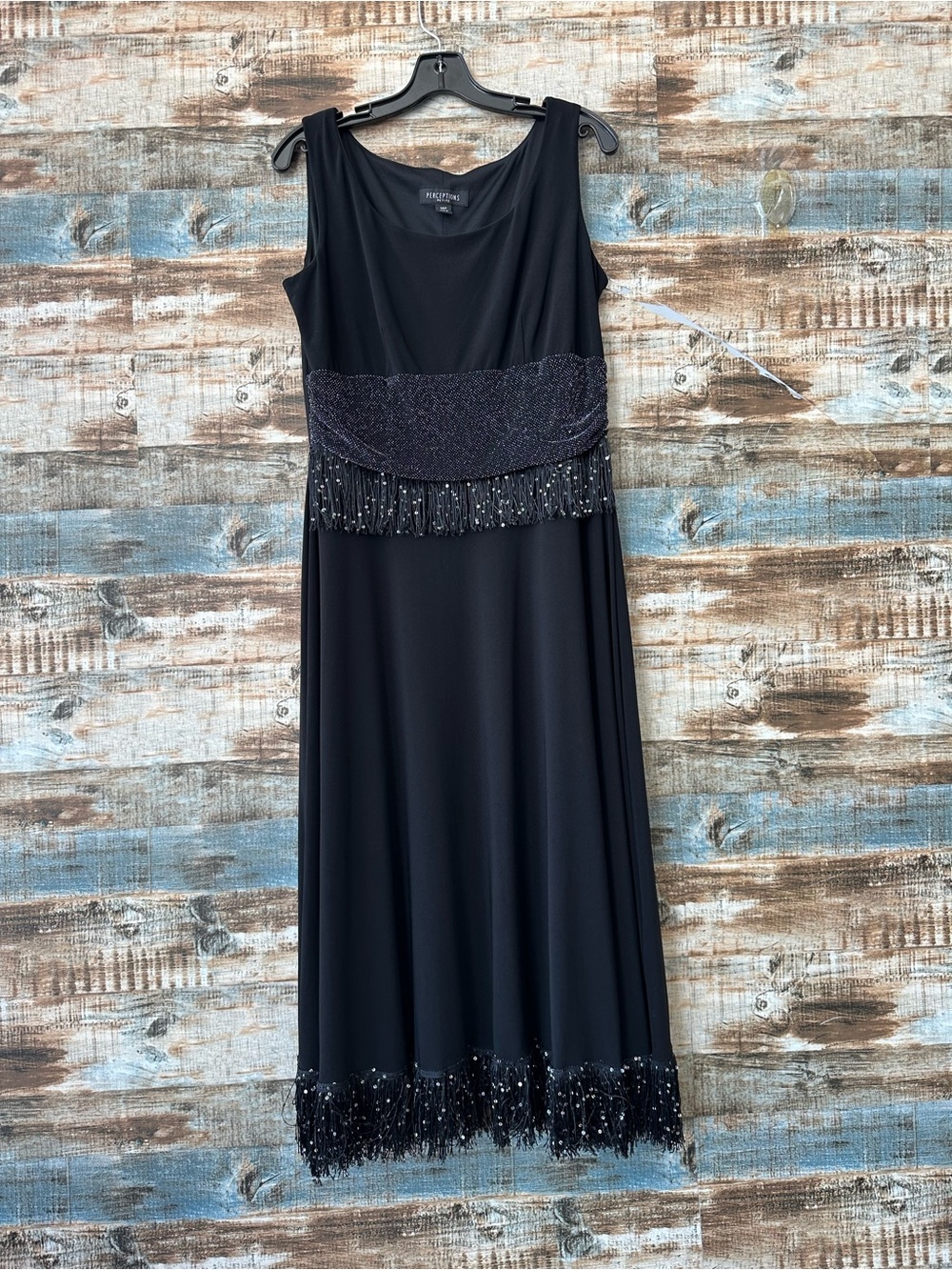 Perceptions Black Midi Dress with Beaded Fringe
